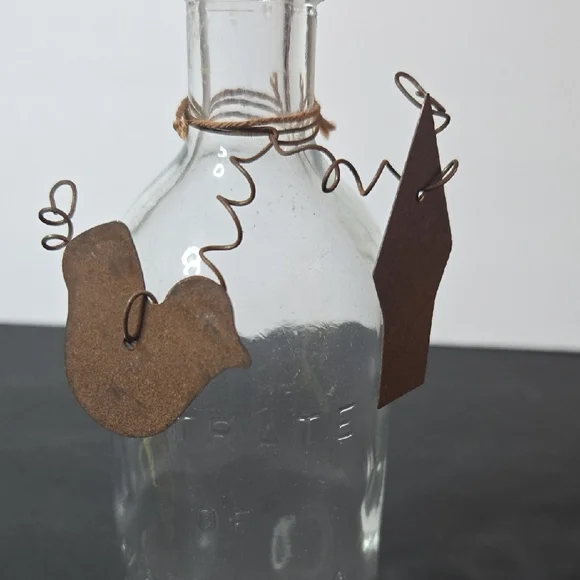 Vintage Medicine Clear Glass Bottle with Brown Metal Tin Tag Charms Bud Vase - Picture 3 of 9